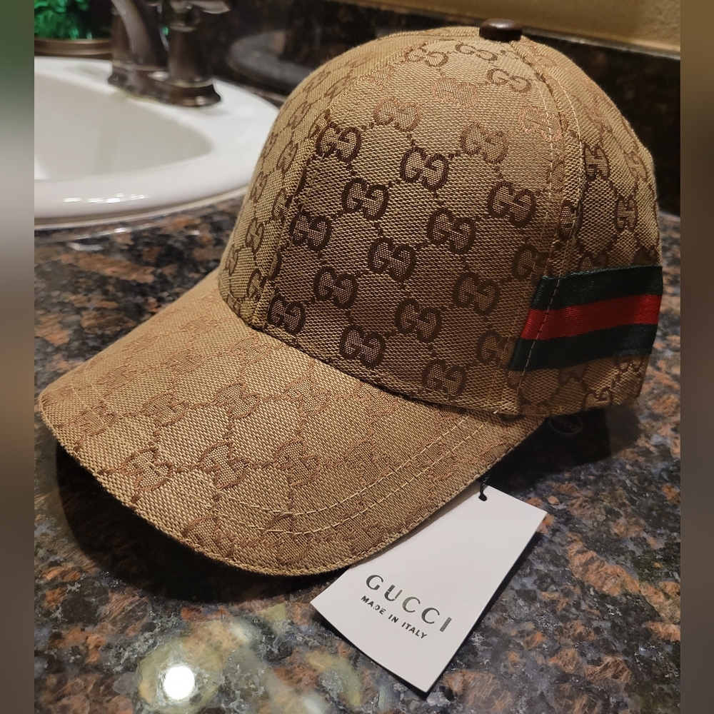 Gucci Tan Monogram Hat with Red and Green Accent